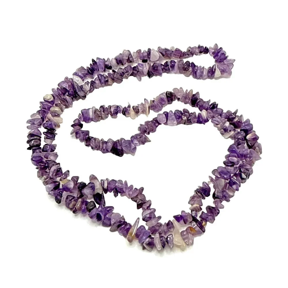 Vintage Amethyst Chip Necklace Long Strand Stone Boho Energy Protection Calming
